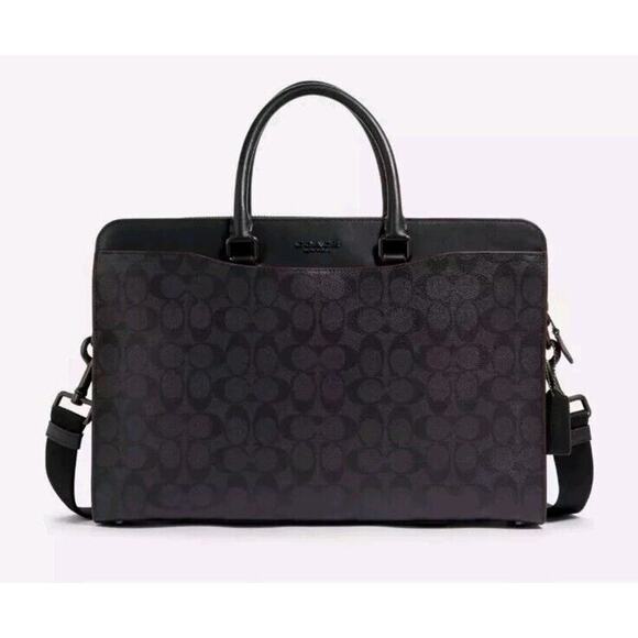 Coach Beckett Structured Brief Case In Signature Canvas Leather Black & Burgundy - Picture 1 of 16